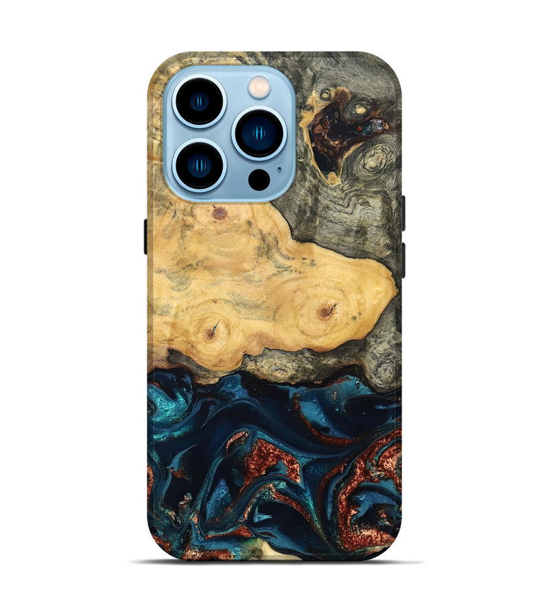 iPhone 14 Pro Wood Live Edge Phone Case - Zyair (Teal & Gold, 828184)