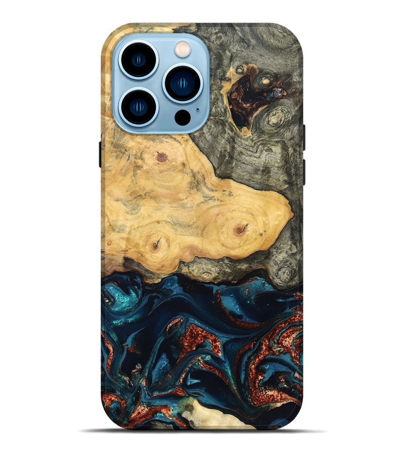 iPhone 14 Pro Max Wood Live Edge Phone Case - Zyair (Teal & Gold, 828184)