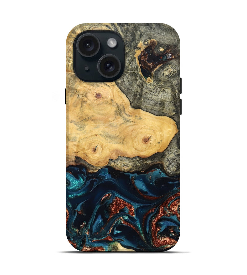 iPhone 15 Wood Live Edge Phone Case - Zyair (Teal & Gold, 828184)