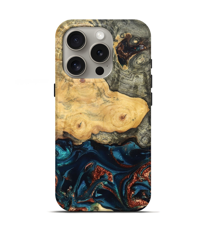 iPhone 16 Pro Wood Live Edge Phone Case - Zyair (Teal & Gold, 828184)