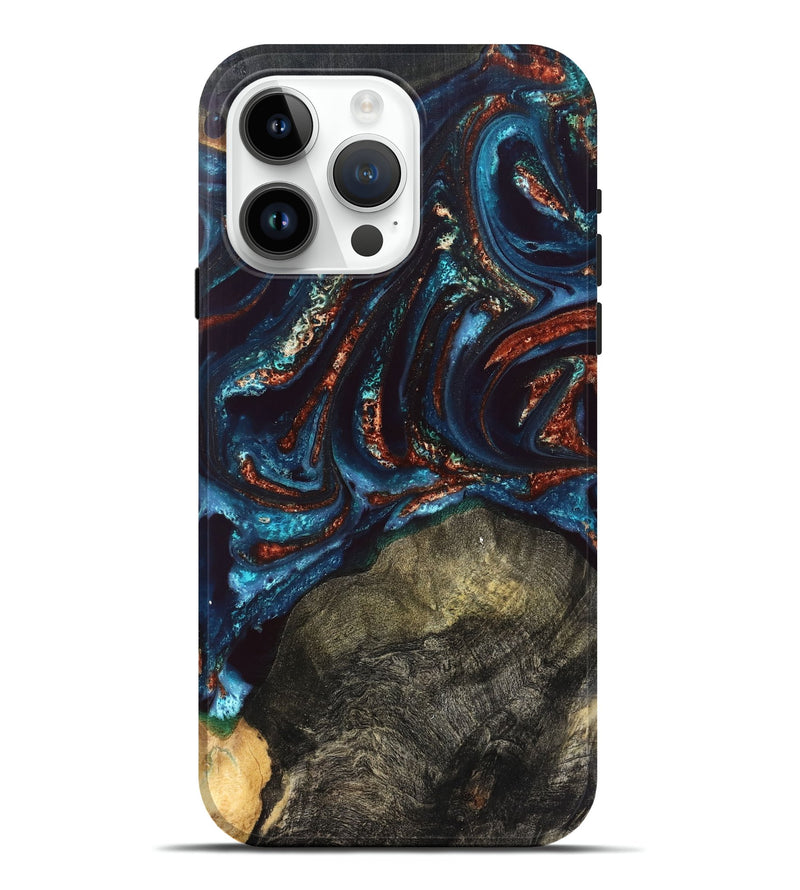 iPhone 15 Pro Max Wood Live Edge Phone Case - Delia (Teal & Gold, 828186)