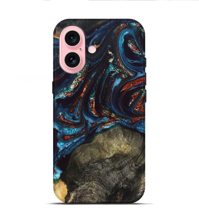 iPhone 16 Wood Live Edge Phone Case - Delia (Teal & Gold, 828186)