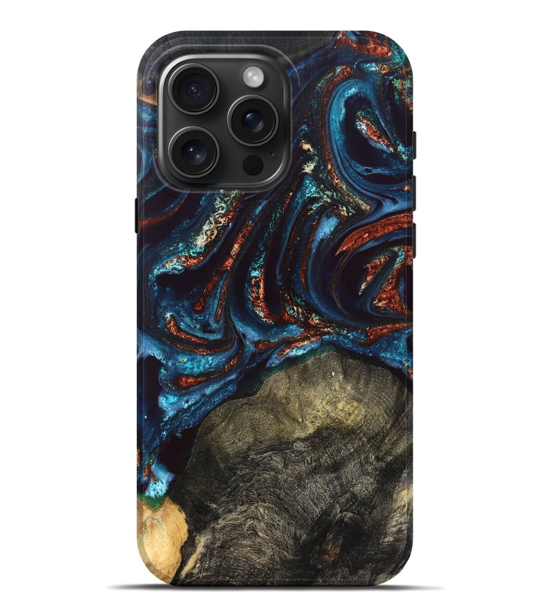 iPhone 16 Pro Max Wood Live Edge Phone Case - Delia (Teal & Gold, 828186)