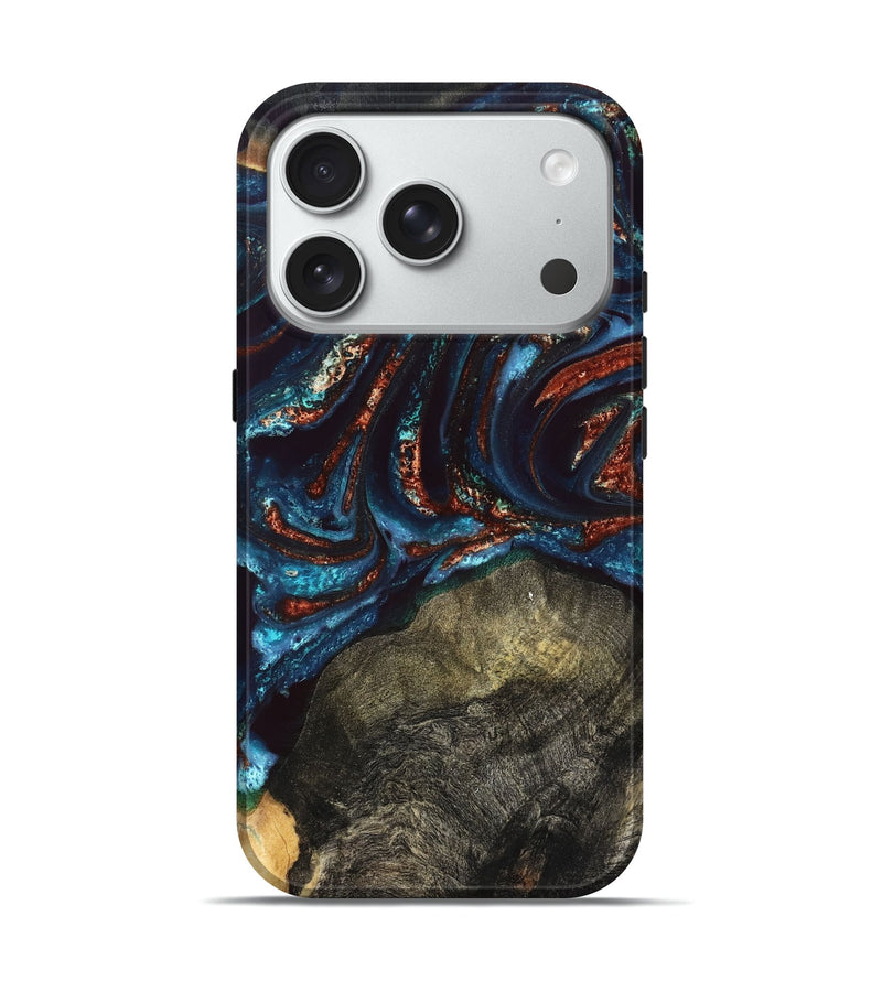 iPhone 18 Pro Wood Live Edge Phone Case - Delia (Teal & Gold, 828186)