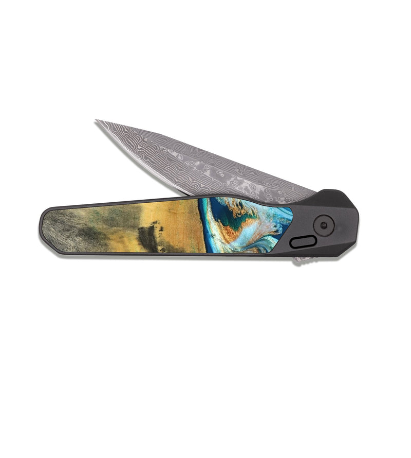 EDC Dark Damascus Wood Pocket Knife - Walton (Teal & Gold, 828333)