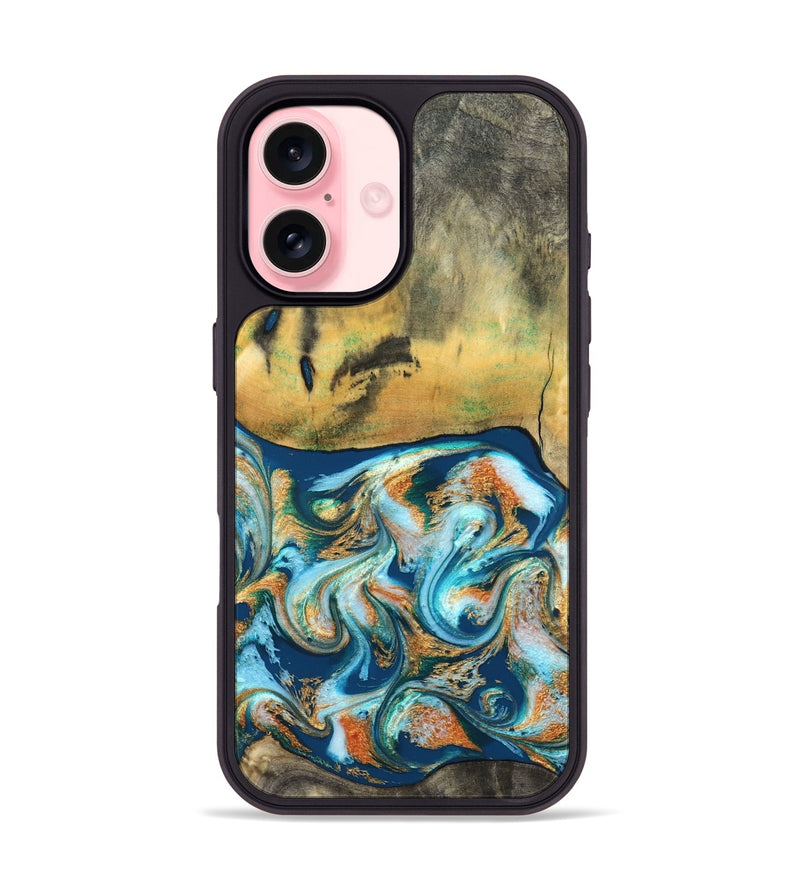 iPhone 16 Wood Phone Case - Walton (Teal & Gold, 828333)