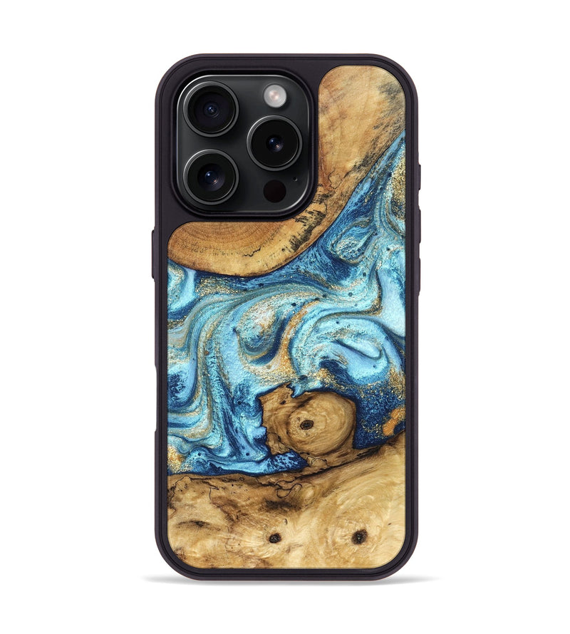 iPhone 16 Pro Wood Phone Case - Starla (Teal & Gold, 828334)