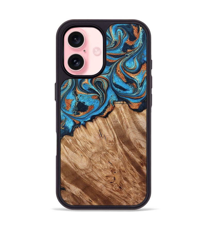 iPhone 16 Wood Phone Case - Hali (Teal & Gold, 828335)