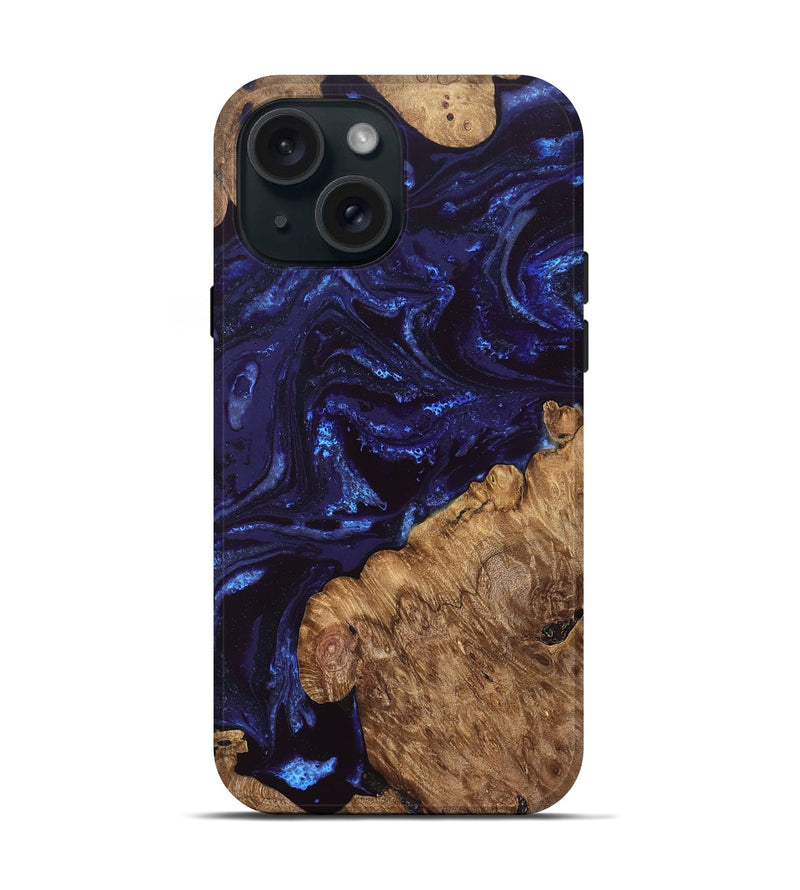 iPhone 15 Wood Live Edge Phone Case - Brown (Blue, 828532)