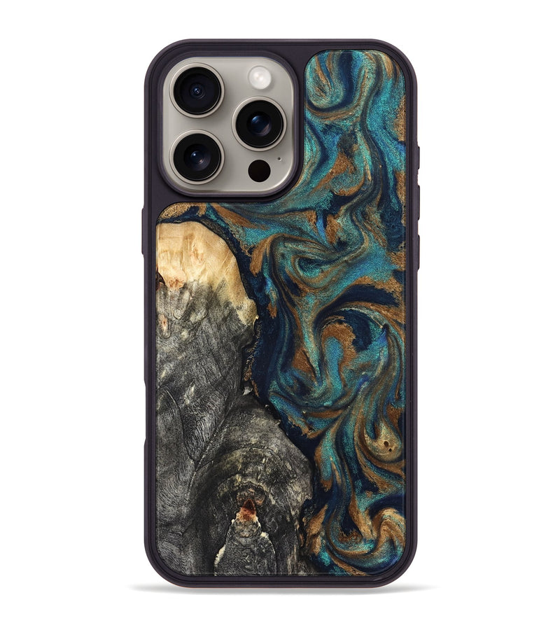 iPhone 16 Pro Max Wood Phone Case - Leola (Teal & Gold, 828661)