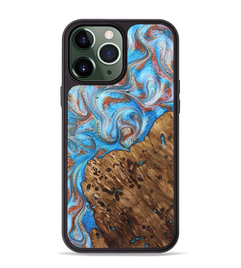 iPhone 13 Pro Max Wood Phone Case - Rubie (Teal & Gold, 828687)