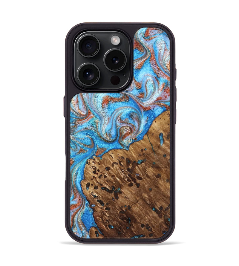 iPhone 16 Pro Wood Phone Case - Rubie (Teal & Gold, 828687)