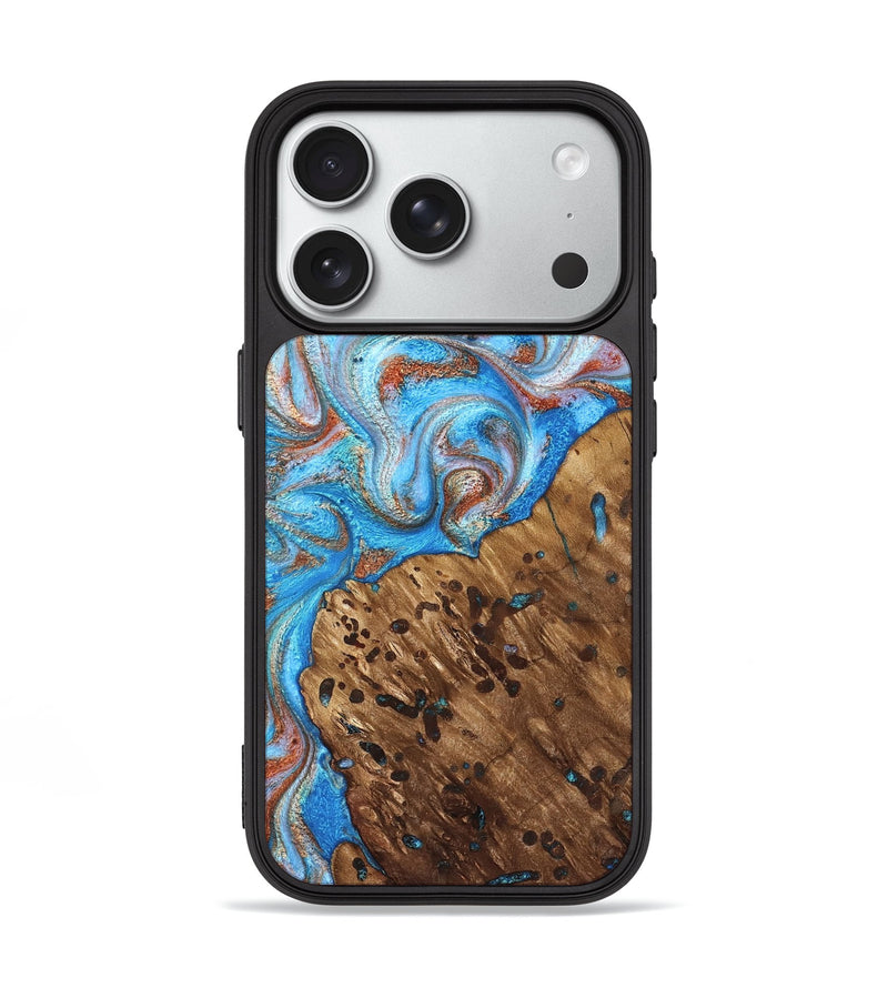 iPhone 18 Pro Wood Phone Case - Rubie (Teal & Gold, 828687)