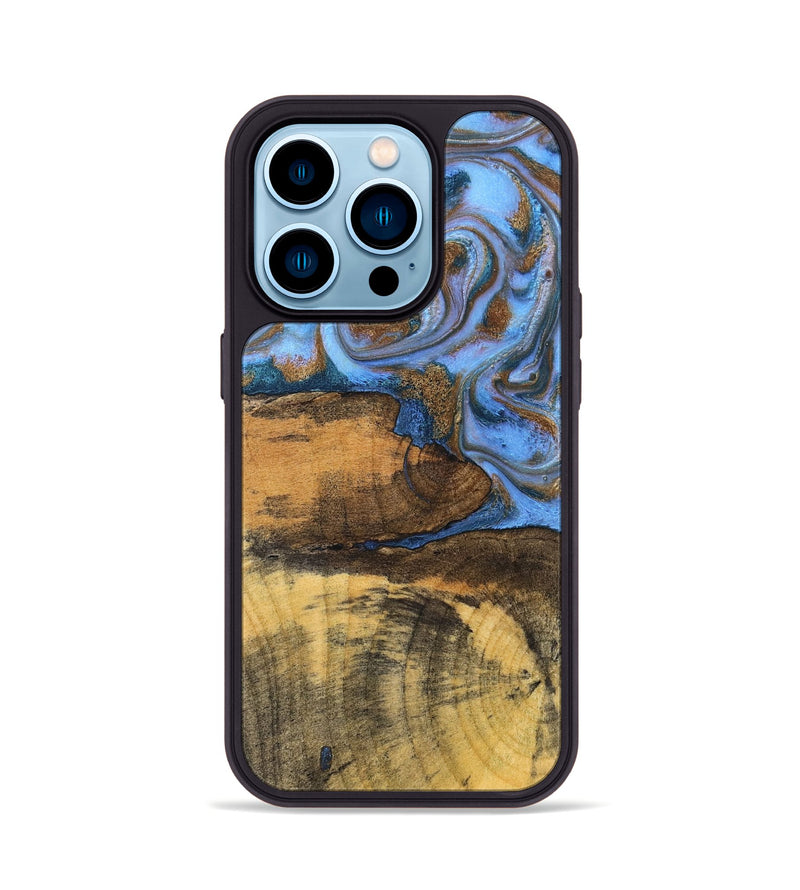 iPhone 14 Pro Wood Phone Case - Tammie (Teal & Gold, 828689)