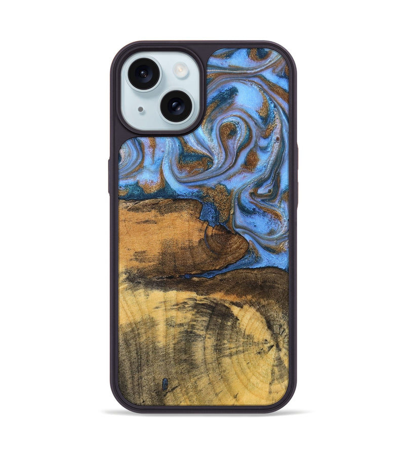 iPhone 15 Wood Phone Case - Tammie (Teal & Gold, 828689)
