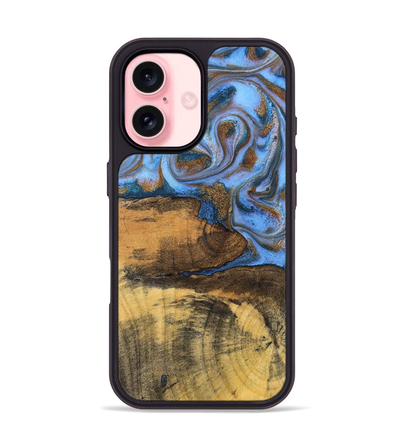 iPhone 16 Wood Phone Case - Tammie (Teal & Gold, 828689)