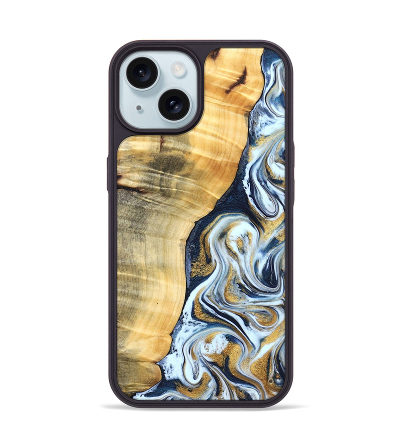 iPhone 15 Wood Phone Case - Livia (Teal & Gold, 828690)