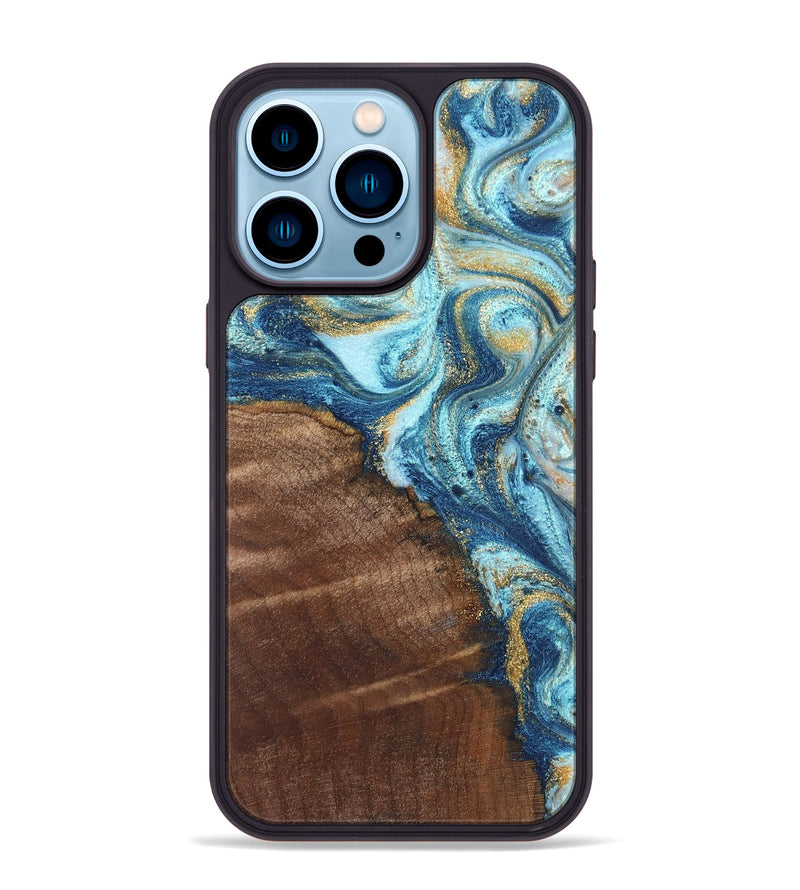 iPhone 14 Pro Max Wood Phone Case - Jimmy (Teal & Gold, 828691)