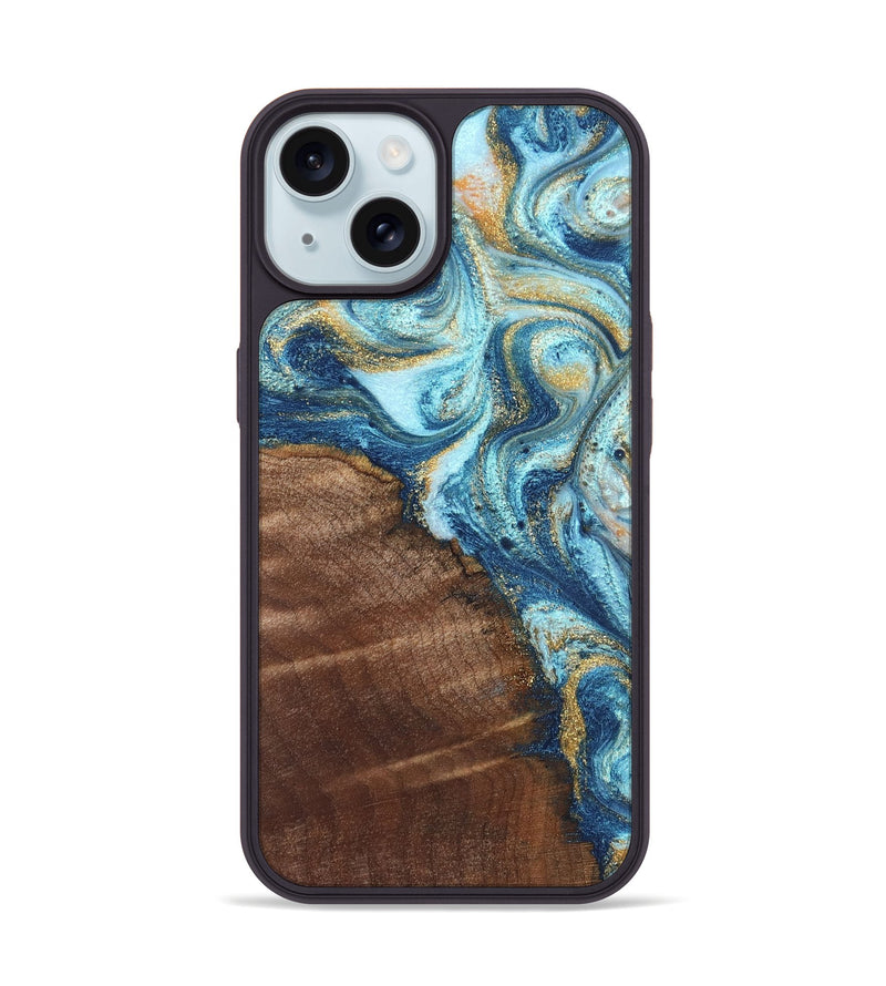 iPhone 15 Wood Phone Case - Jimmy (Teal & Gold, 828691)