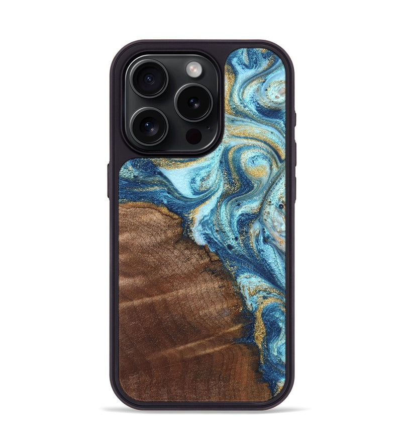 iPhone 15 Pro Wood Phone Case - Jimmy (Teal & Gold, 828691)