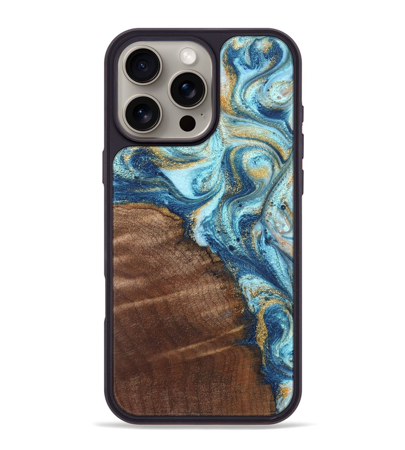 iPhone 16 Pro Max Wood Phone Case - Jimmy (Teal & Gold, 828691)