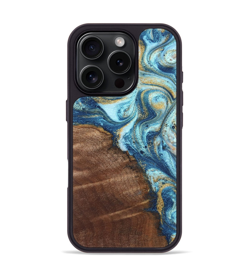 iPhone 16 Pro Wood Phone Case - Jimmy (Teal & Gold, 828691)