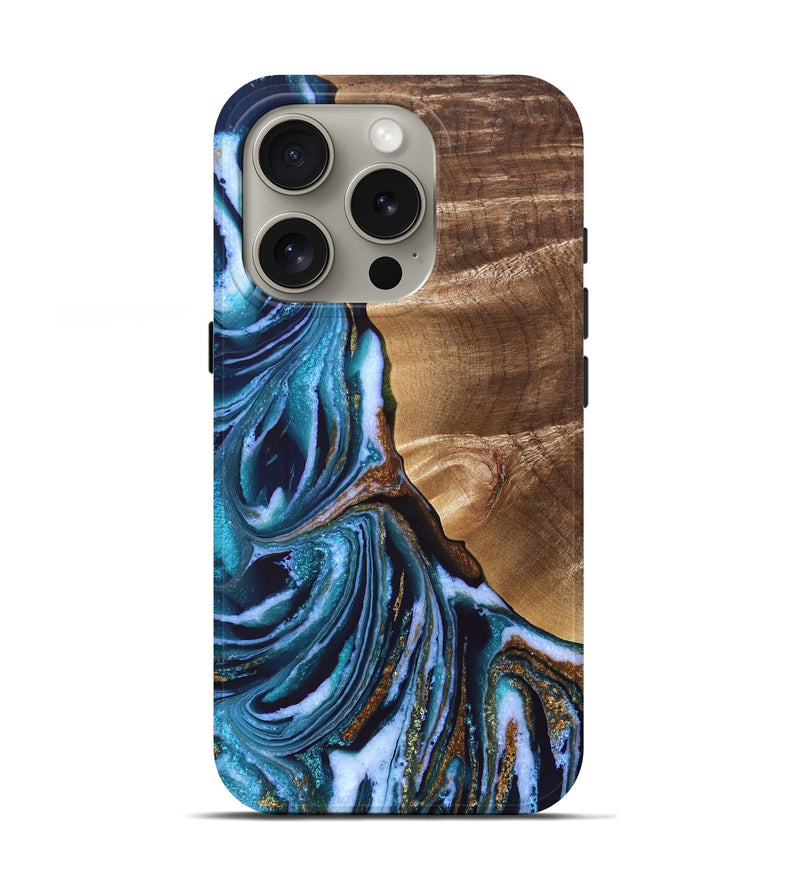 iPhone 16 Pro Wood Live Edge Phone Case - Finis (Teal & Gold, 829281)