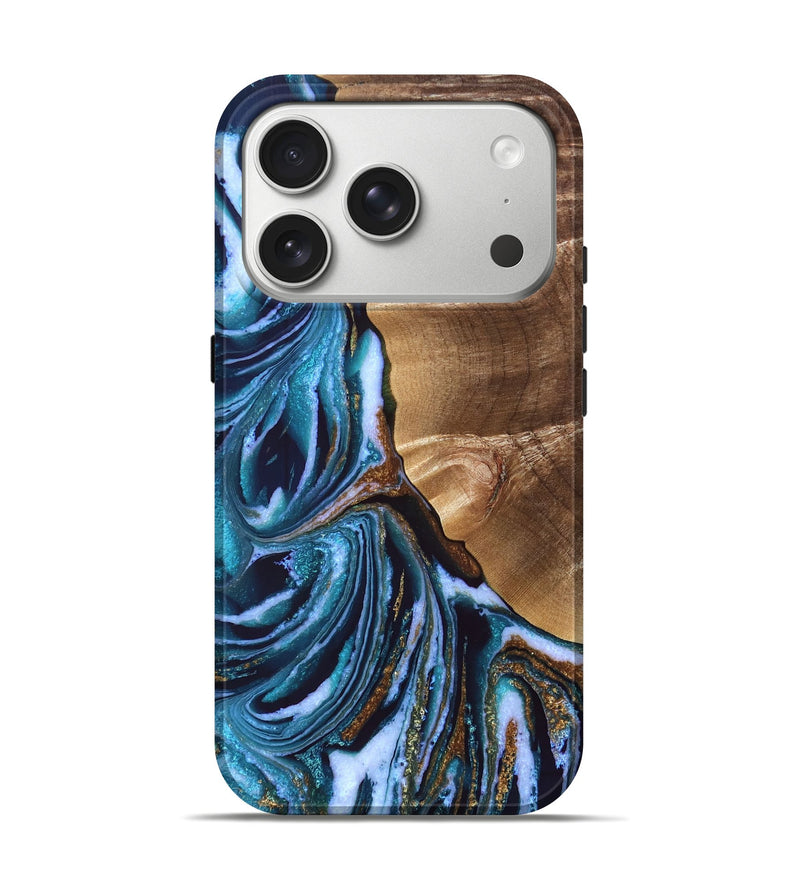 iPhone 17 Pro Wood Live Edge Phone Case - Finis (Teal & Gold, 829281)