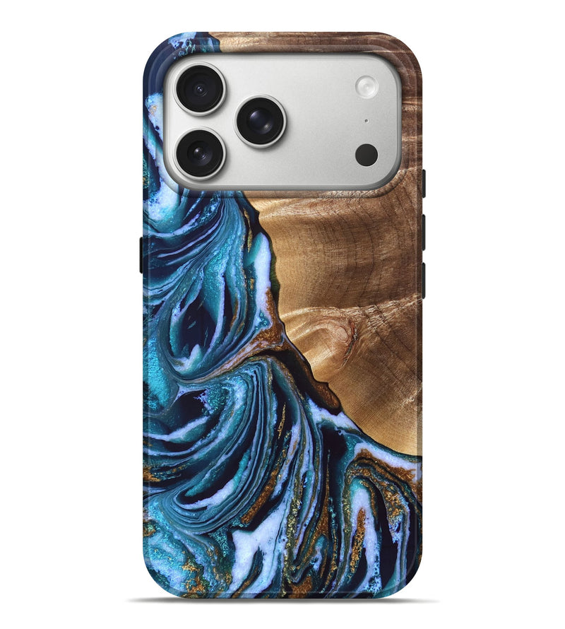 iPhone 17 Pro Max Wood Live Edge Phone Case - Finis (Teal & Gold, 829281)