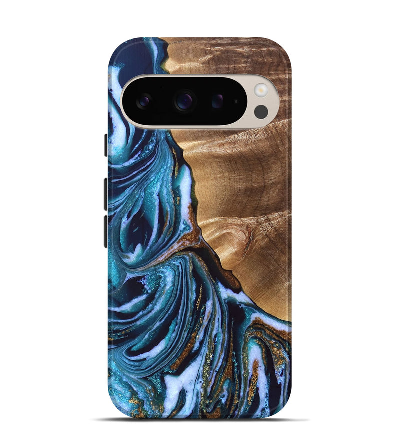 Pixel 9 Pro Wood Live Edge Phone Case - Finis (Teal & Gold, 829281)