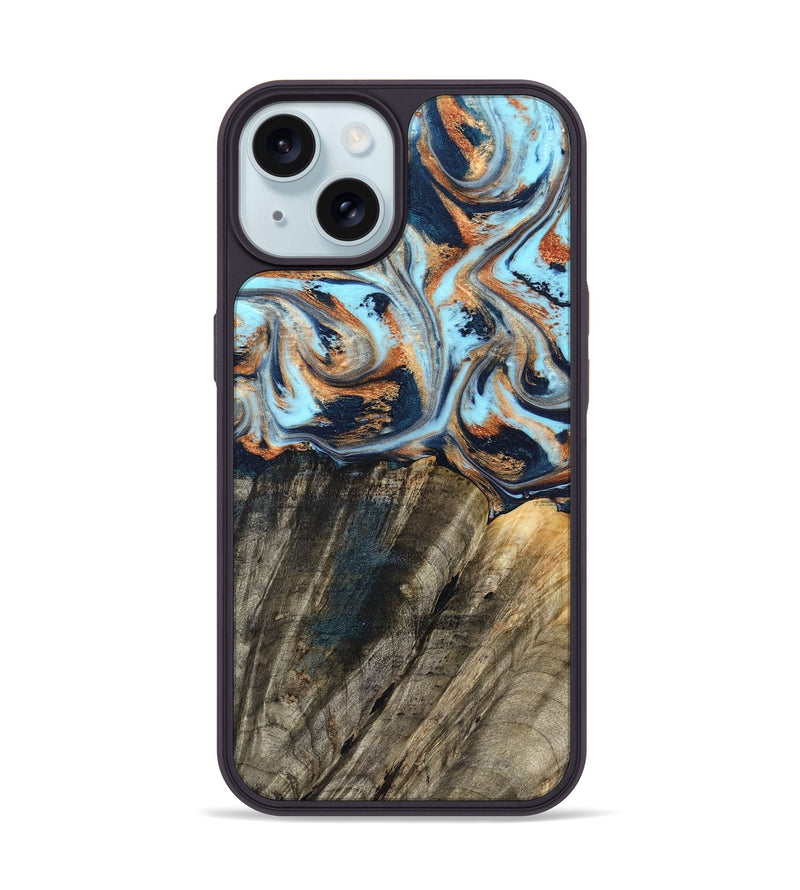 iPhone 15 Wood Phone Case - Debra (Teal & Gold, 829443)