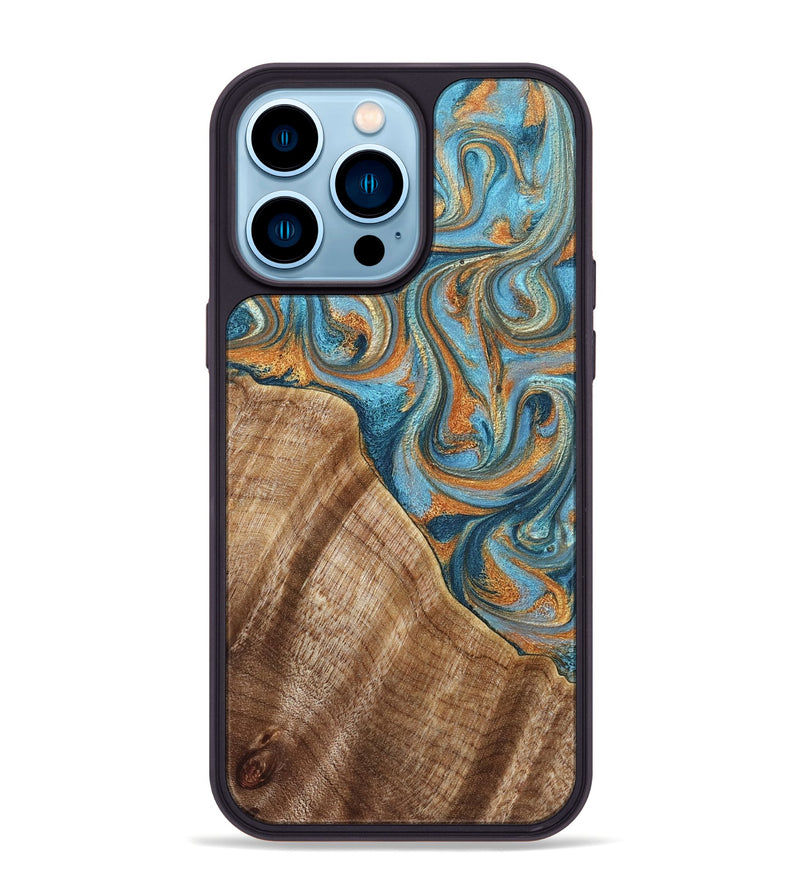 iPhone 14 Pro Max Wood Phone Case - Marylou (Teal & Gold, 829445)