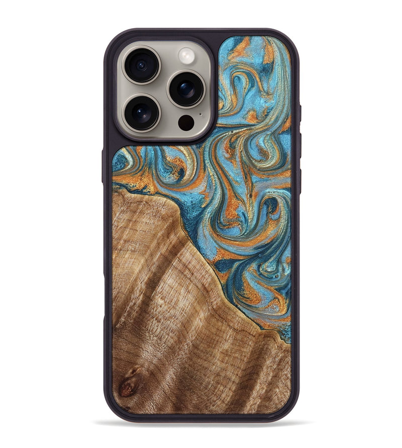 iPhone 16 Pro Max Wood Phone Case - Marylou (Teal & Gold, 829445)