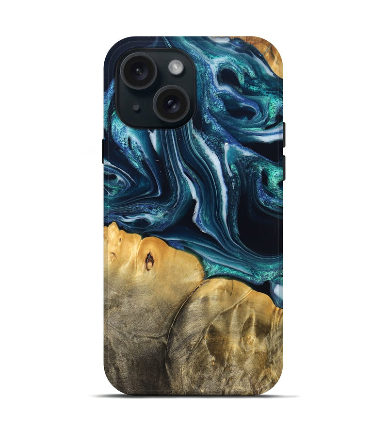 iPhone 15 Wood Live Edge Phone Case - Trish (Blue, 829467)