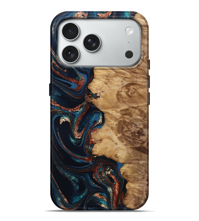 iPhone 18 Pro Max Wood Live Edge Phone Case - Verdie (Teal & Gold, 829491)