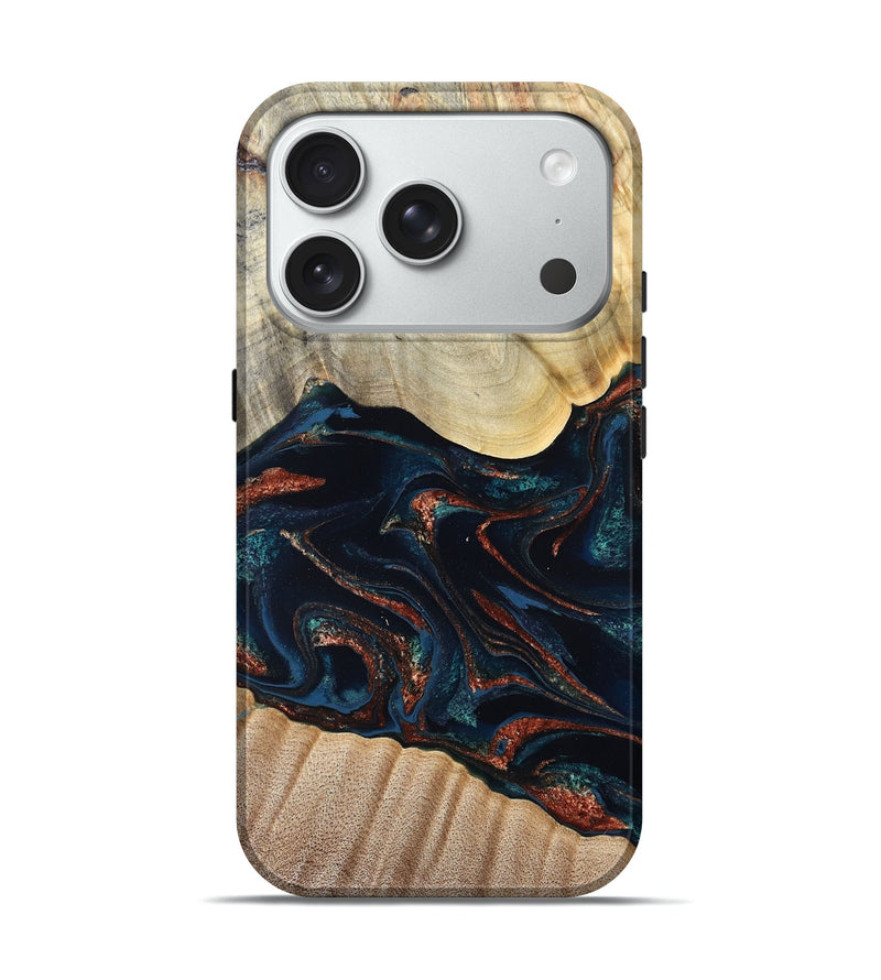 iPhone 18 Pro Wood Live Edge Phone Case - Coleen (Teal & Gold, 829495)