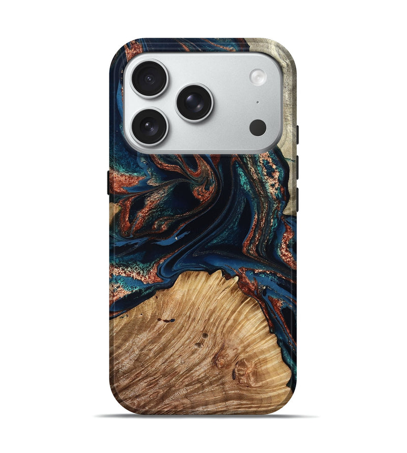 iPhone 18 Pro Wood Live Edge Phone Case - Kaya (Teal & Gold, 829496)