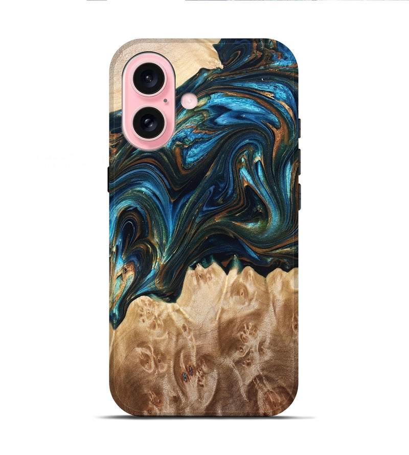 iPhone 16 Wood Live Edge Phone Case - Khloe (Teal & Gold, 829801)