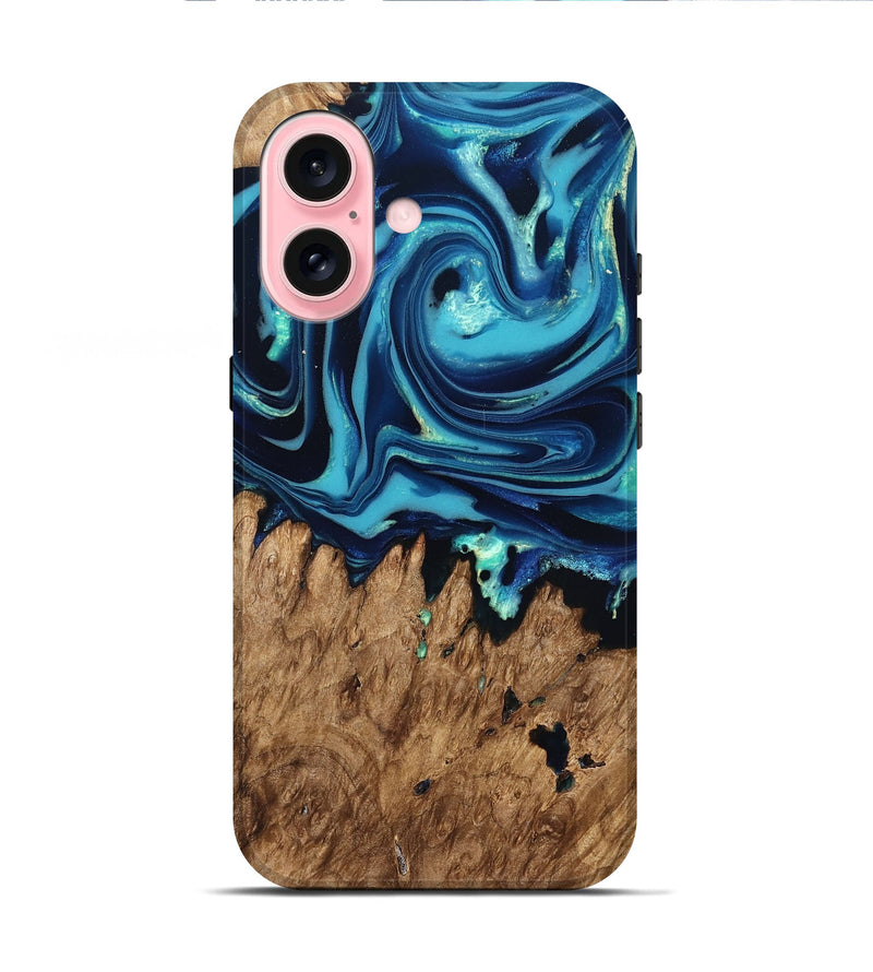 iPhone 16 Wood Live Edge Phone Case - Rosina (Blue, 829809)