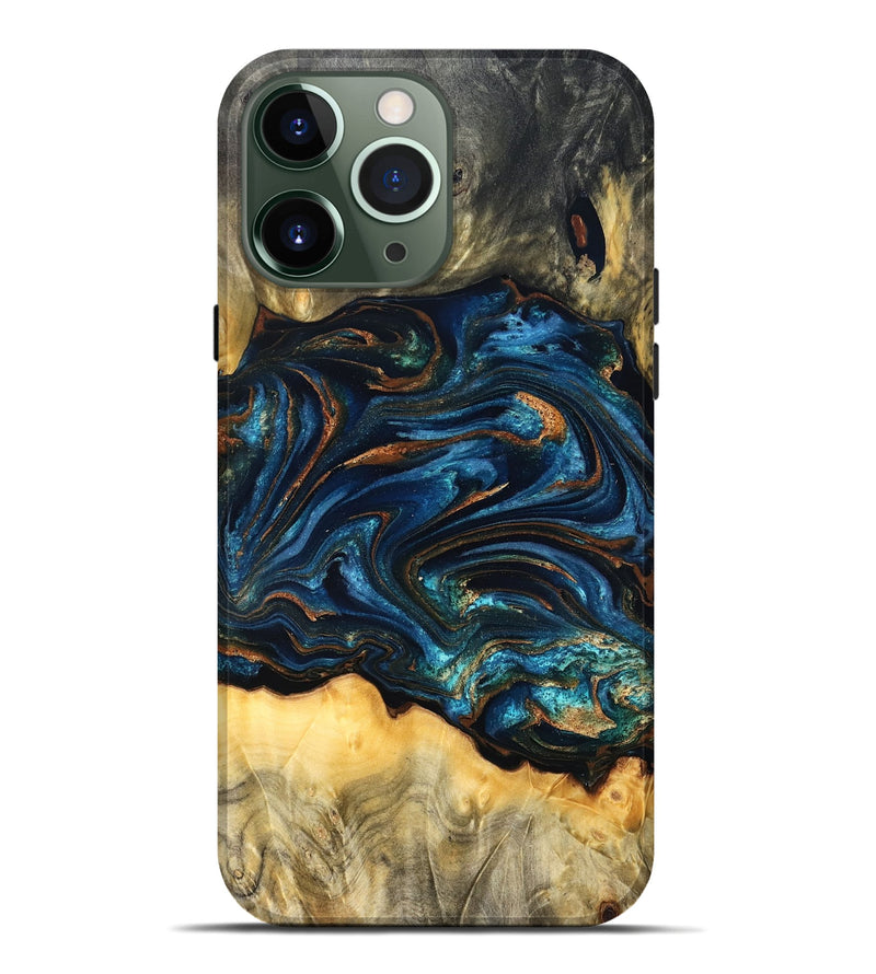 iPhone 13 Pro Max Wood Live Edge Phone Case - Tempie (Teal & Gold, 829816)