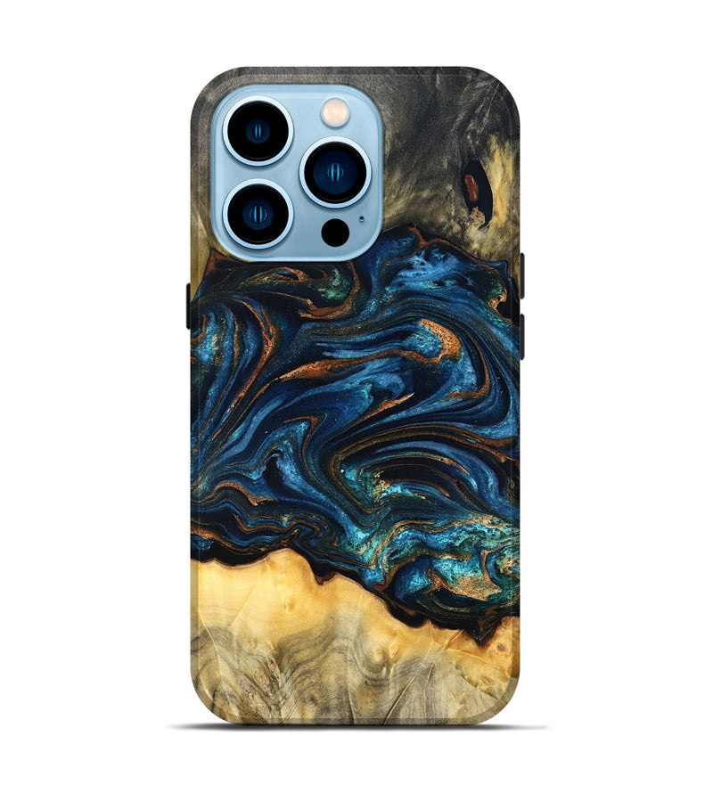 iPhone 14 Pro Wood Live Edge Phone Case - Tempie (Teal & Gold, 829816)