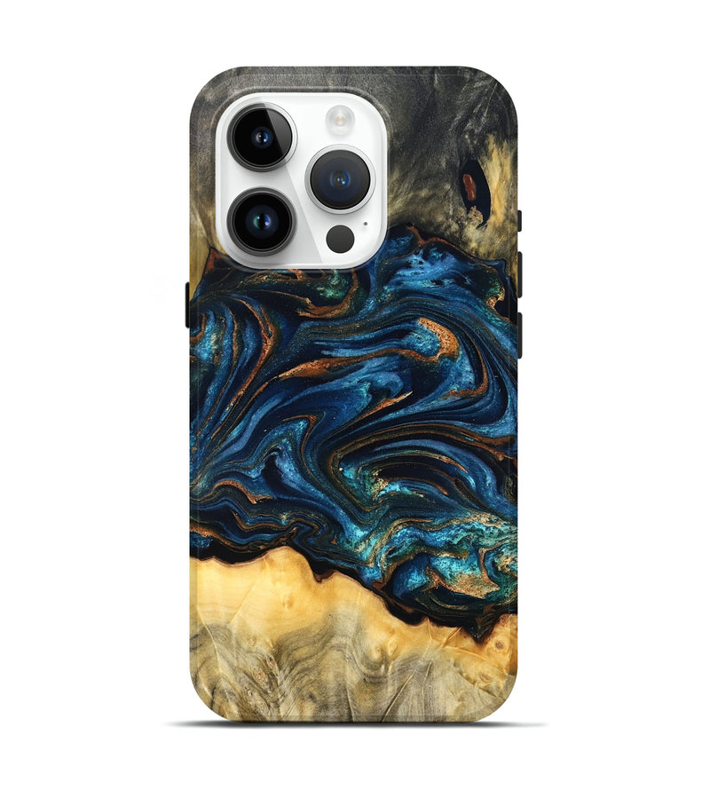 iPhone 15 Pro Wood Live Edge Phone Case - Tempie (Teal & Gold, 829816)