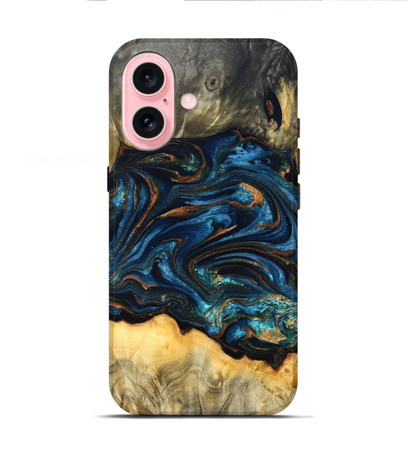 iPhone 16 Wood Live Edge Phone Case - Tempie (Teal & Gold, 829816)