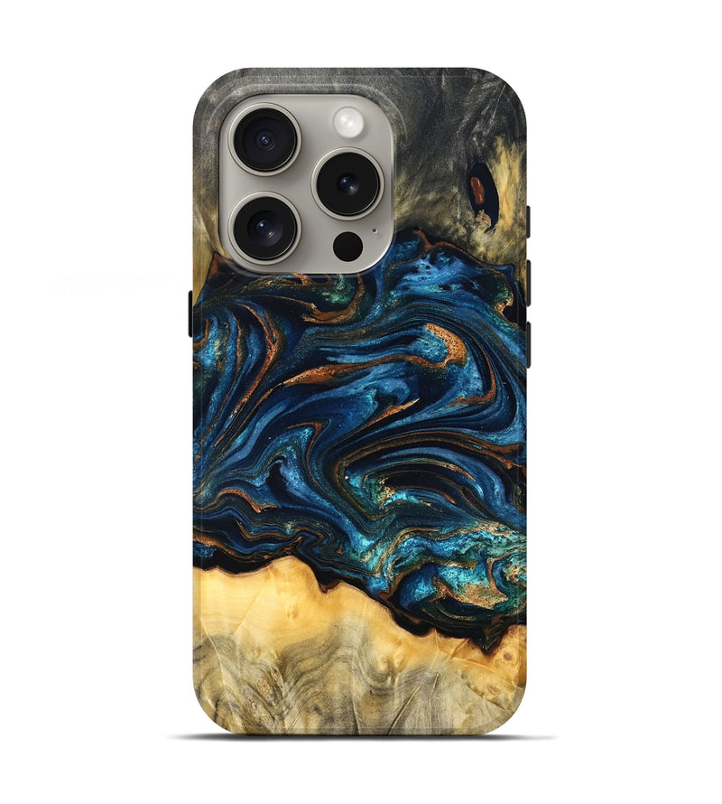 iPhone 16 Pro Wood Live Edge Phone Case - Tempie (Teal & Gold, 829816)