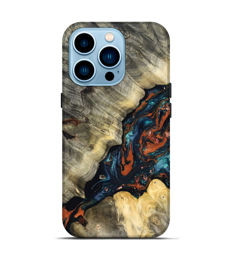 iPhone 14 Pro Wood Live Edge Phone Case - Cortez (Teal & Gold, 829832)