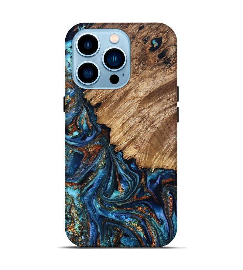 iPhone 14 Pro Wood Live Edge Phone Case - Maliyah (Teal & Gold, 829834)