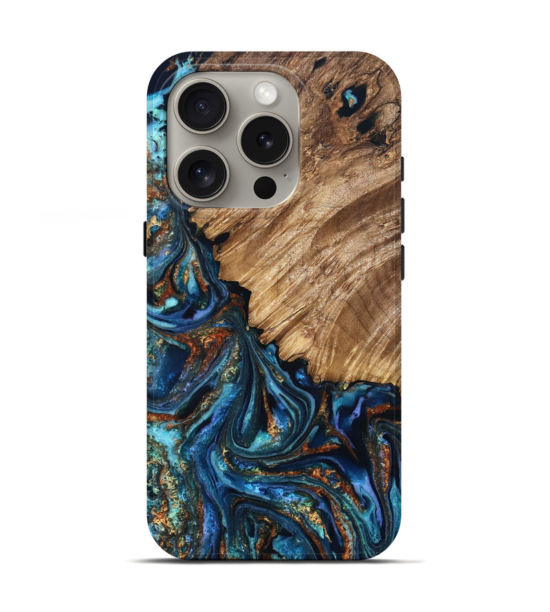iPhone 16 Pro Wood Live Edge Phone Case - Maliyah (Teal & Gold, 829834)