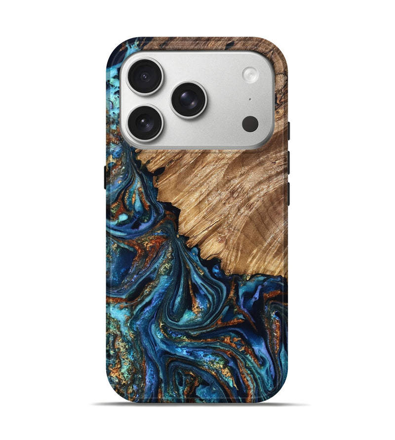 iPhone 17 Pro Wood Live Edge Phone Case - Maliyah (Teal & Gold, 829834)