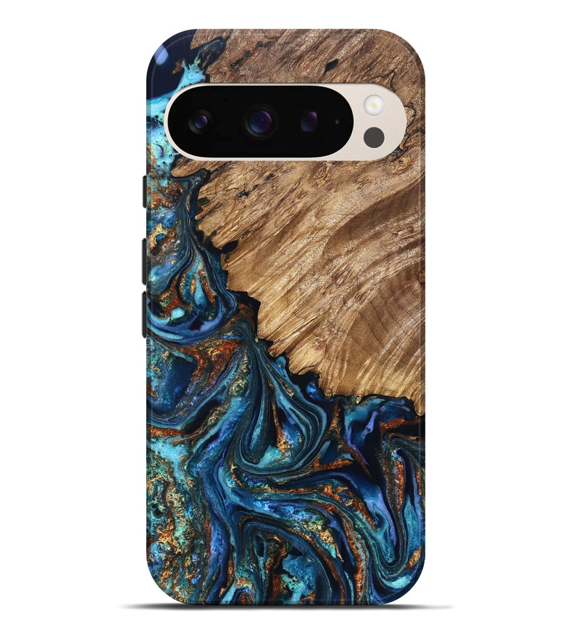 Pixel 9 Pro XL Wood Live Edge Phone Case - Maliyah (Teal & Gold, 829834)
