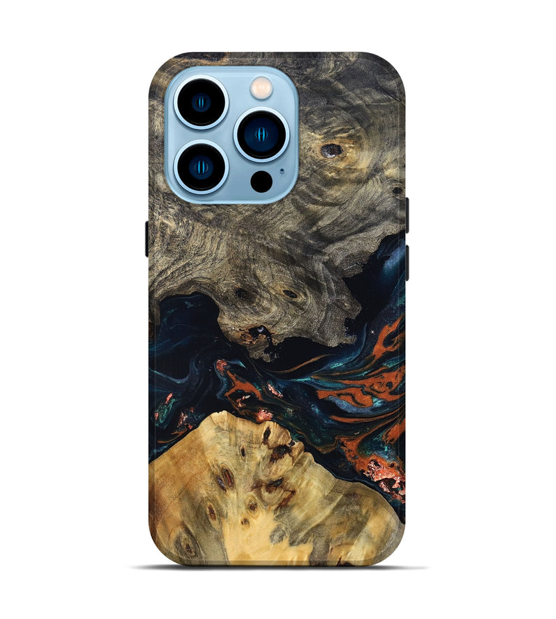 iPhone 14 Pro Wood Live Edge Phone Case - Yehuda (Teal & Gold, 829836)
